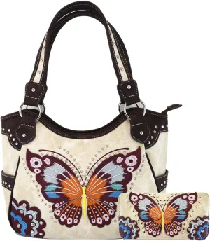 Western Style Springtime Embroidery Butterfly Floral Leather Totes Purse Country Handbag Women Shoulder Bag Wallet Set