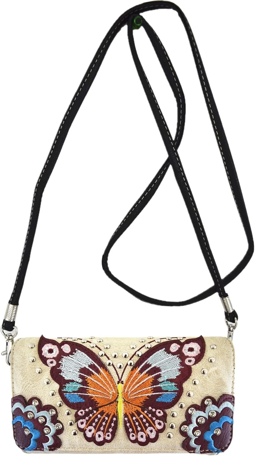 Western Style Springtime Embroidery Butterfly Floral Leather Totes Purse Country Handbag Women Shoulder Bag Wallet Set