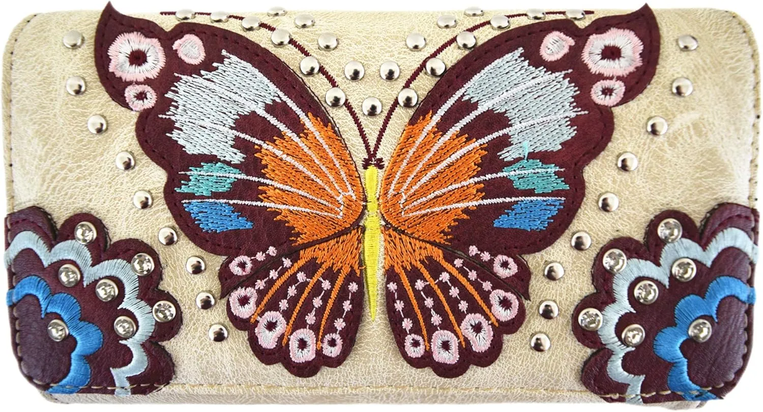 Western Style Springtime Embroidery Butterfly Floral Leather Totes Purse Country Handbag Women Shoulder Bag Wallet Set