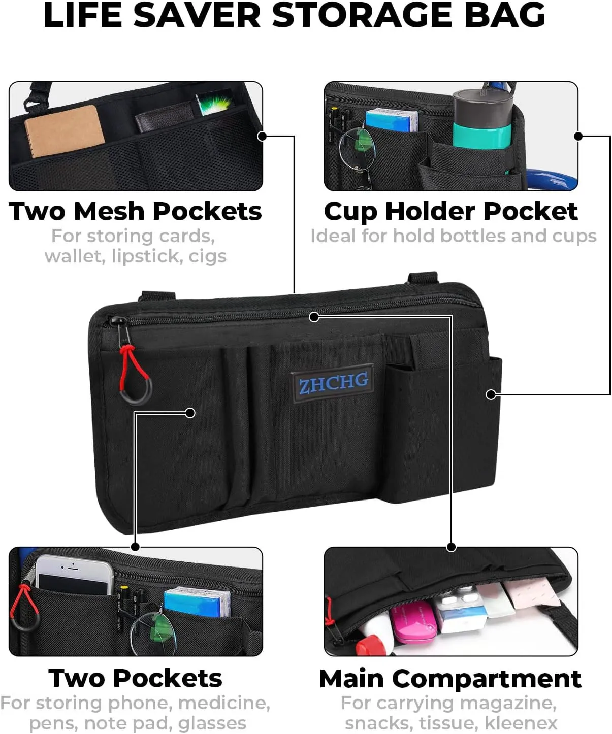 Wheelchair Side Bag with Cup Holder, Wheelchair Armrest Pouch Accessories for Walker, Rollator, Electric Scooter Wheelchairs, Ideal Gift for Mother's Day & Father's Day