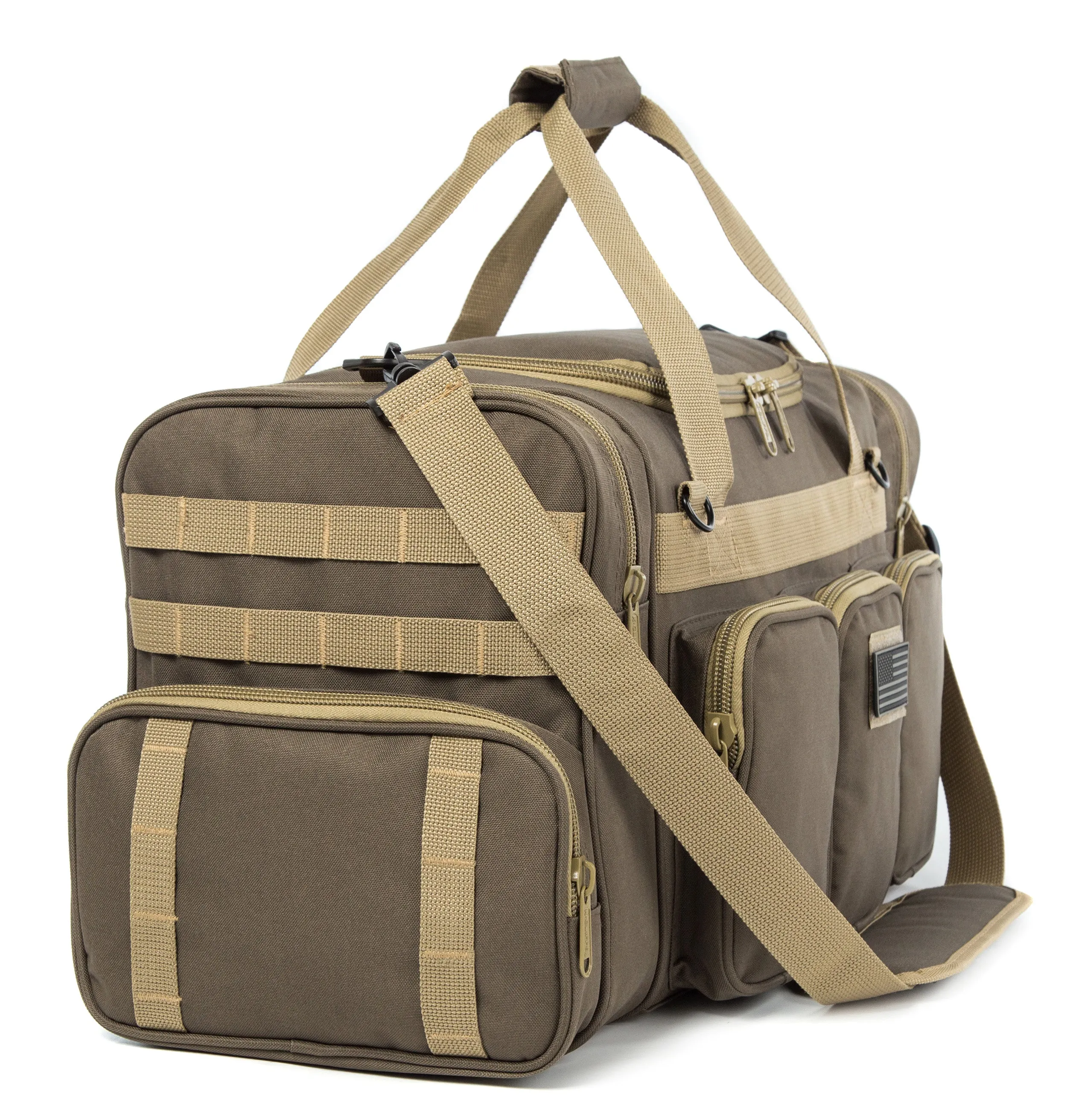 Wholesale Case Lot Tactical Range Duffel Heavy Duty Military Molle Gear Travel Sports Gym Bag Lockable Zippers with US Flag Patch  |||    10/6 PACKS | $35.99/49.99 PER PACK
