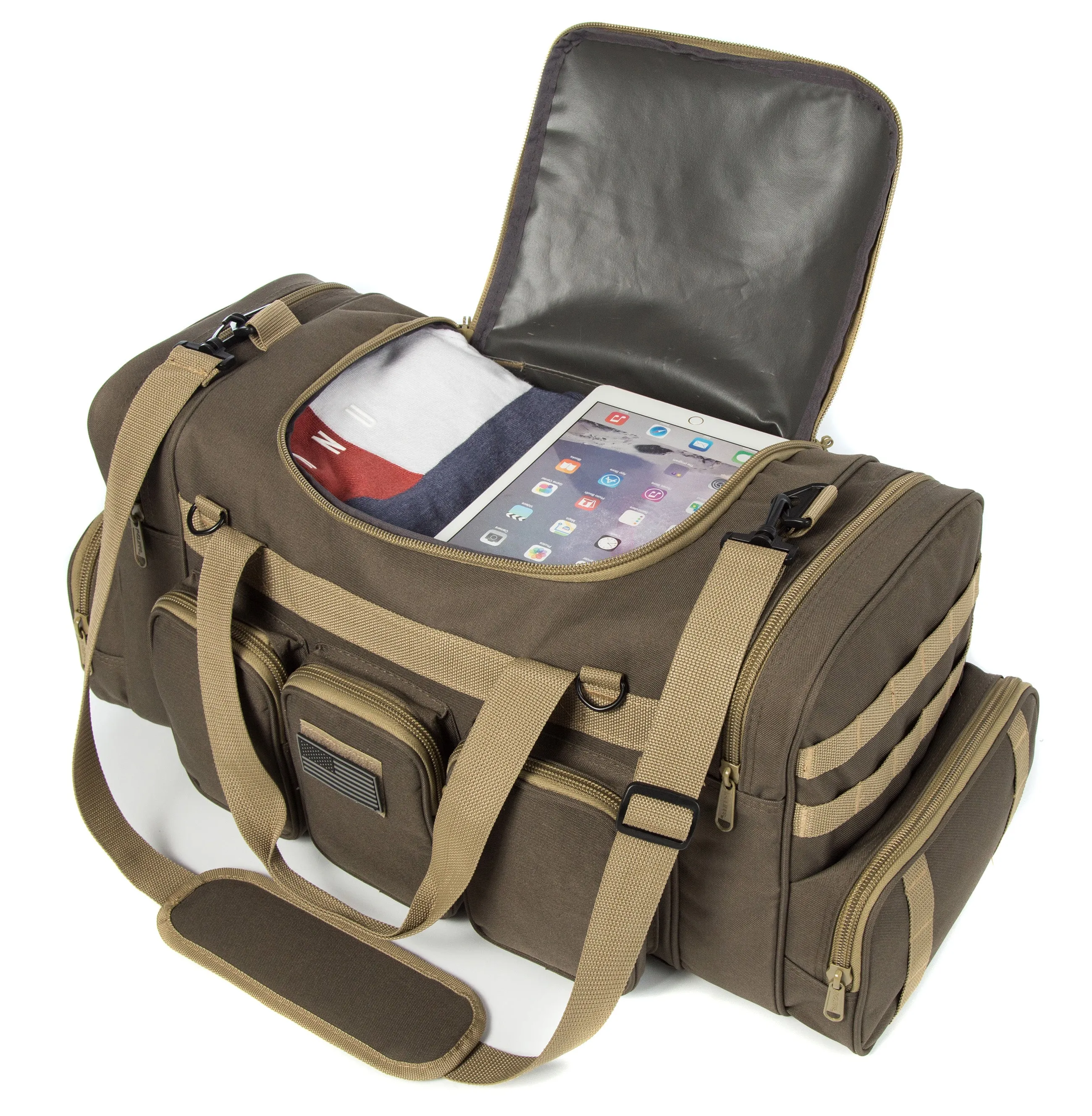 Wholesale Case Lot Tactical Range Duffel Heavy Duty Military Molle Gear Travel Sports Gym Bag Lockable Zippers with US Flag Patch  |||    10/6 PACKS | $35.99/49.99 PER PACK