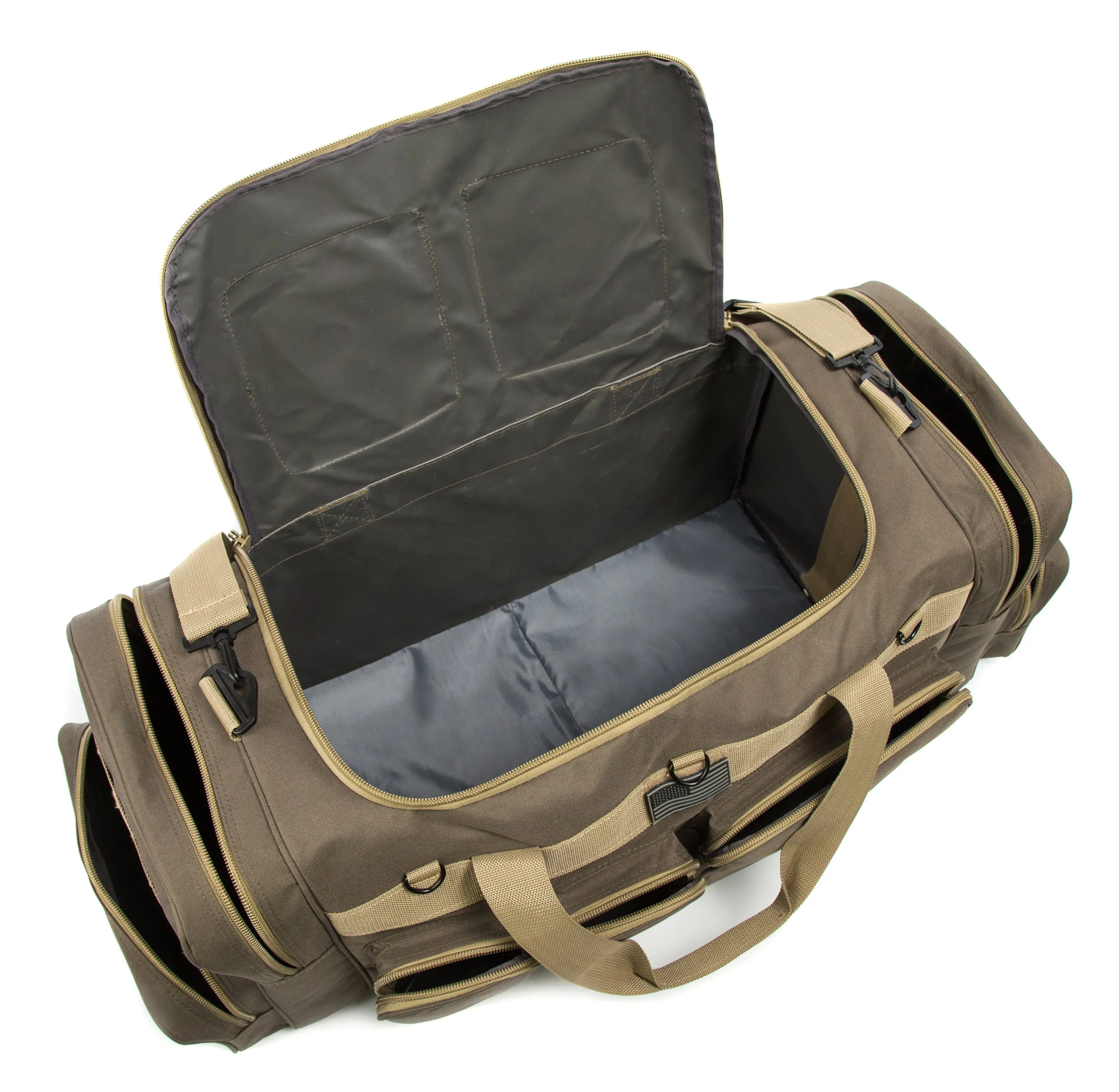 Wholesale Case Lot Tactical Range Duffel Heavy Duty Military Molle Gear Travel Sports Gym Bag Lockable Zippers with US Flag Patch  |||    10/6 PACKS | $35.99/49.99 PER PACK