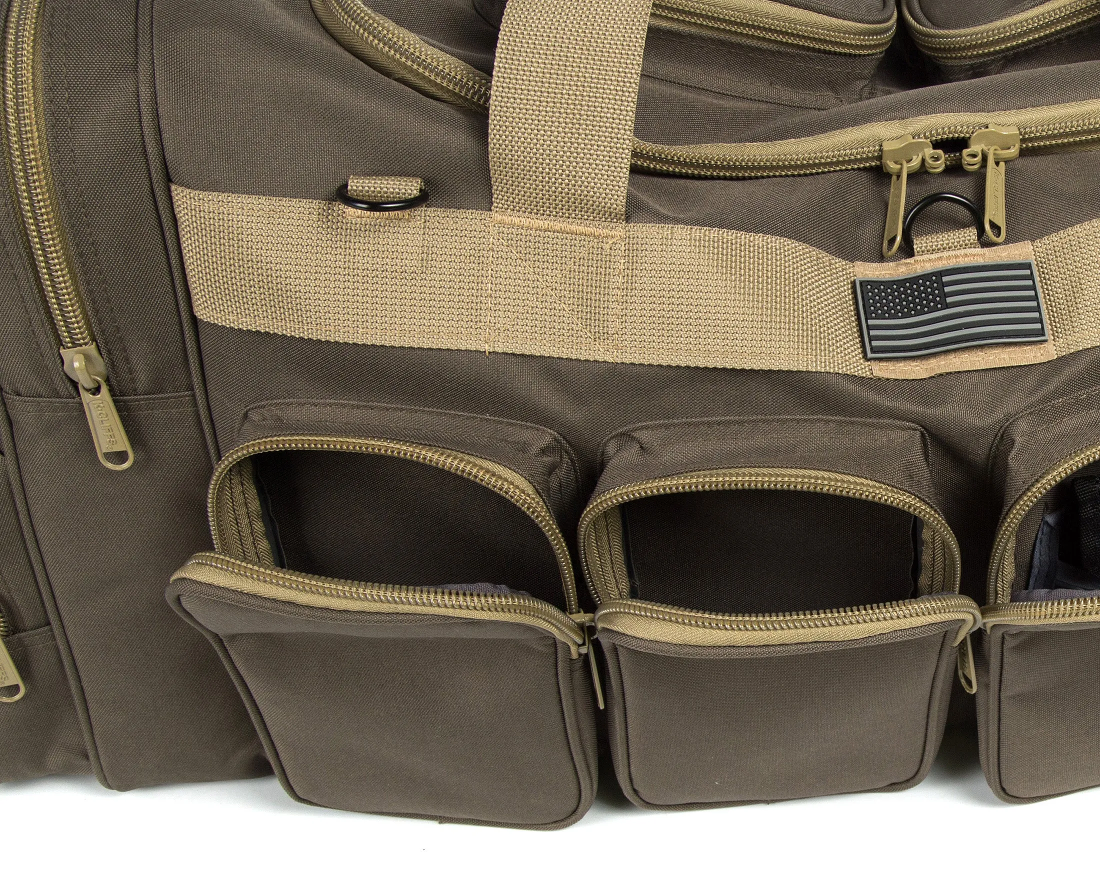 Wholesale Case Lot Tactical Range Duffel Heavy Duty Military Molle Gear Travel Sports Gym Bag Lockable Zippers with US Flag Patch  |||    10/6 PACKS | $35.99/49.99 PER PACK
