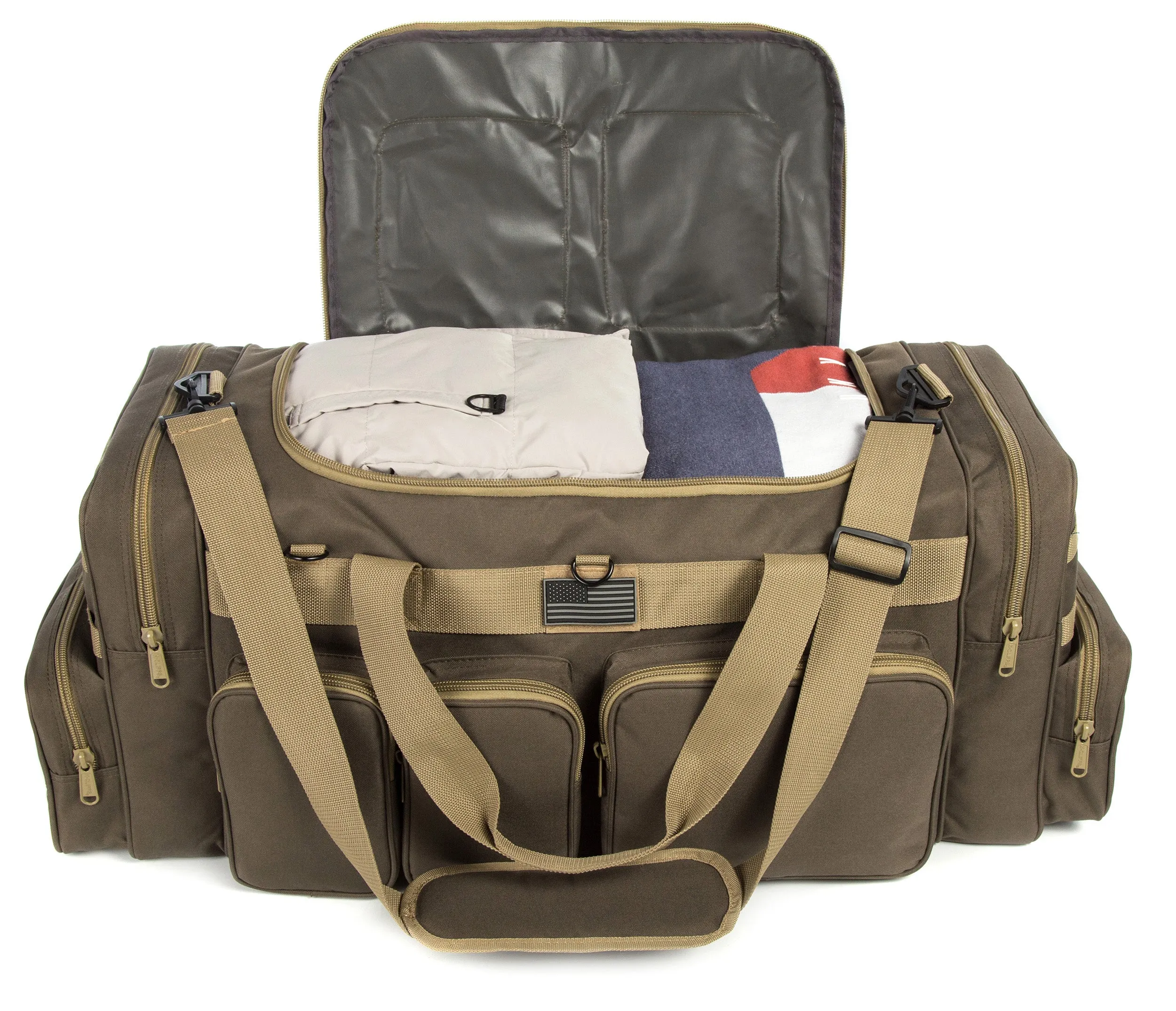 Wholesale Case Lot Tactical Range Duffel Heavy Duty Military Molle Gear Travel Sports Gym Bag Lockable Zippers with US Flag Patch  |||    10/6 PACKS | $35.99/49.99 PER PACK