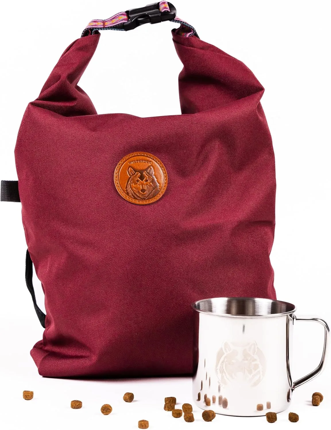 Wilderdog Doggie Bag - Water Resistant, Portable Kibble Carrier & Stainless Steel Mug - Huckleberry