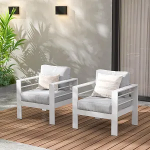 Wisteria Lane 2 Pieces Patio Furniture Aluminum Armchair, All-Weather Outdoor Single Sofa, White Metal Chair with Light Grey Cushions