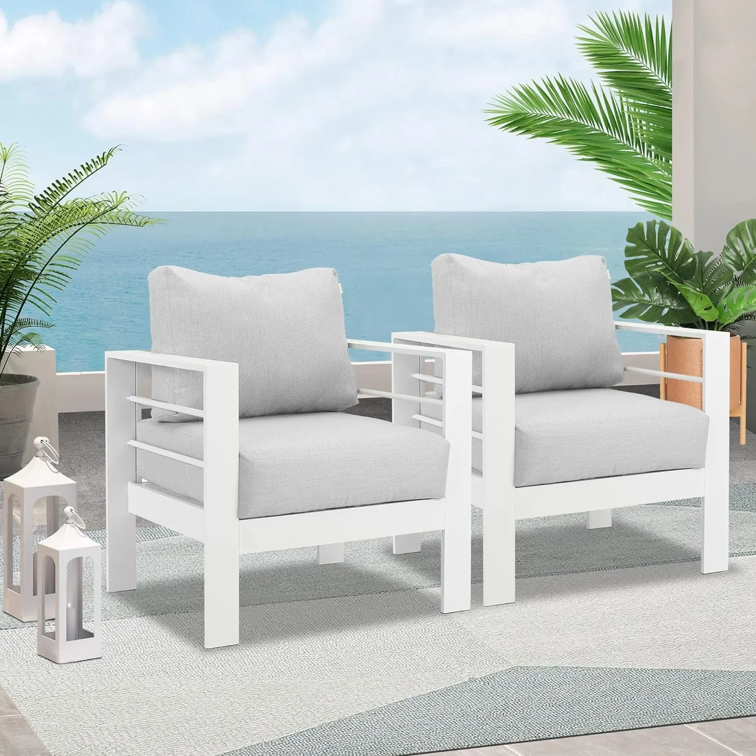Wisteria Lane 2 Pieces Patio Furniture Aluminum Armchair, All-Weather Outdoor Single Sofa, White Metal Chair with Light Grey Cushions