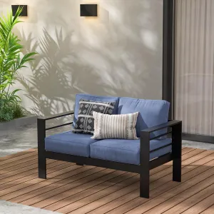 Wisteria Lane Patio Furniture Aluminum Loveseat, All-Weather Outdoor 2 Seats Sofa Couch, Black Metal Chair with Blue Cushions