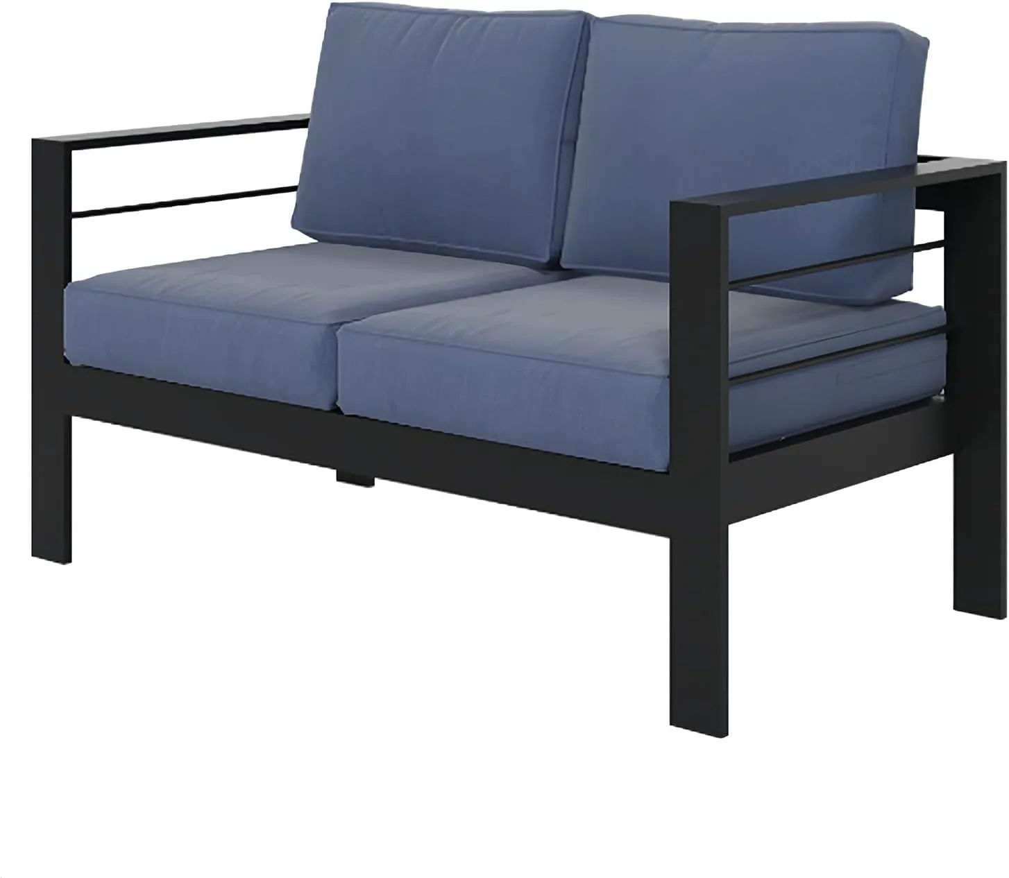 Wisteria Lane Patio Furniture Aluminum Loveseat, All-Weather Outdoor 2 Seats Sofa Couch, Black Metal Chair with Blue Cushions