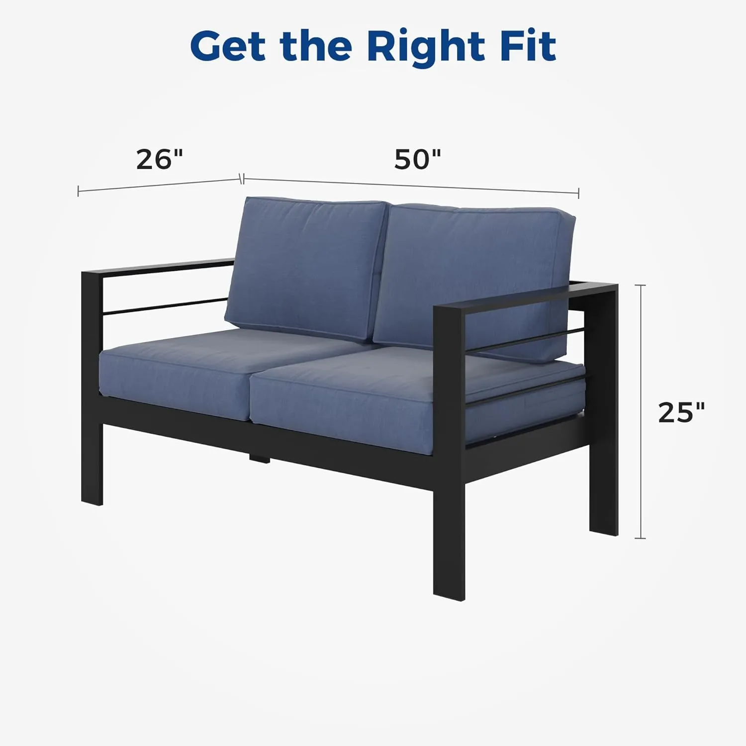 Wisteria Lane Patio Furniture Aluminum Loveseat, All-Weather Outdoor 2 Seats Sofa Couch, Black Metal Chair with Blue Cushions
