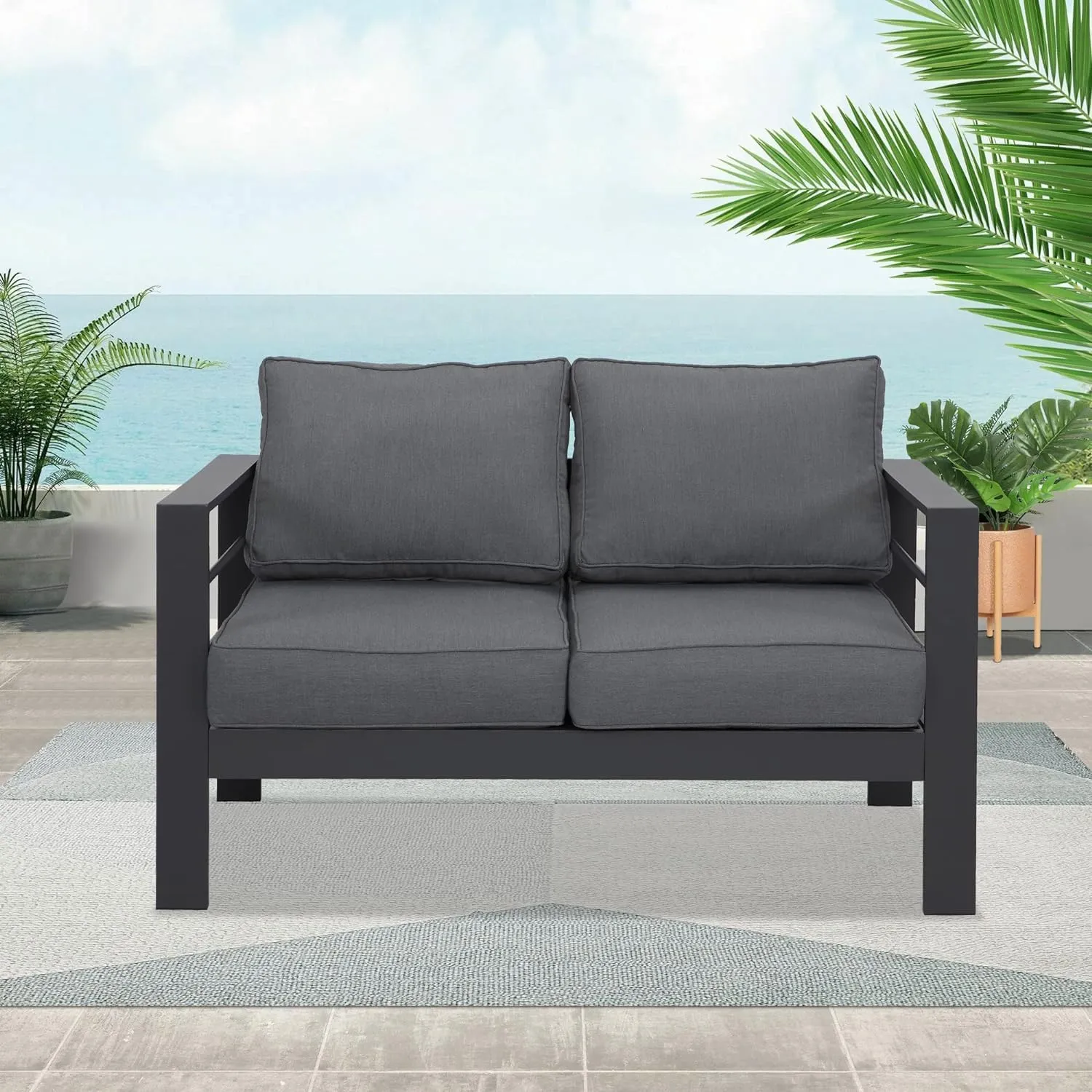 Wisteria Lane Patio Furniture Aluminum Loveseat, All-Weather Outdoor 2 Seats Sofa Couch, Gray Metal Chair with Dark Grey Cushions