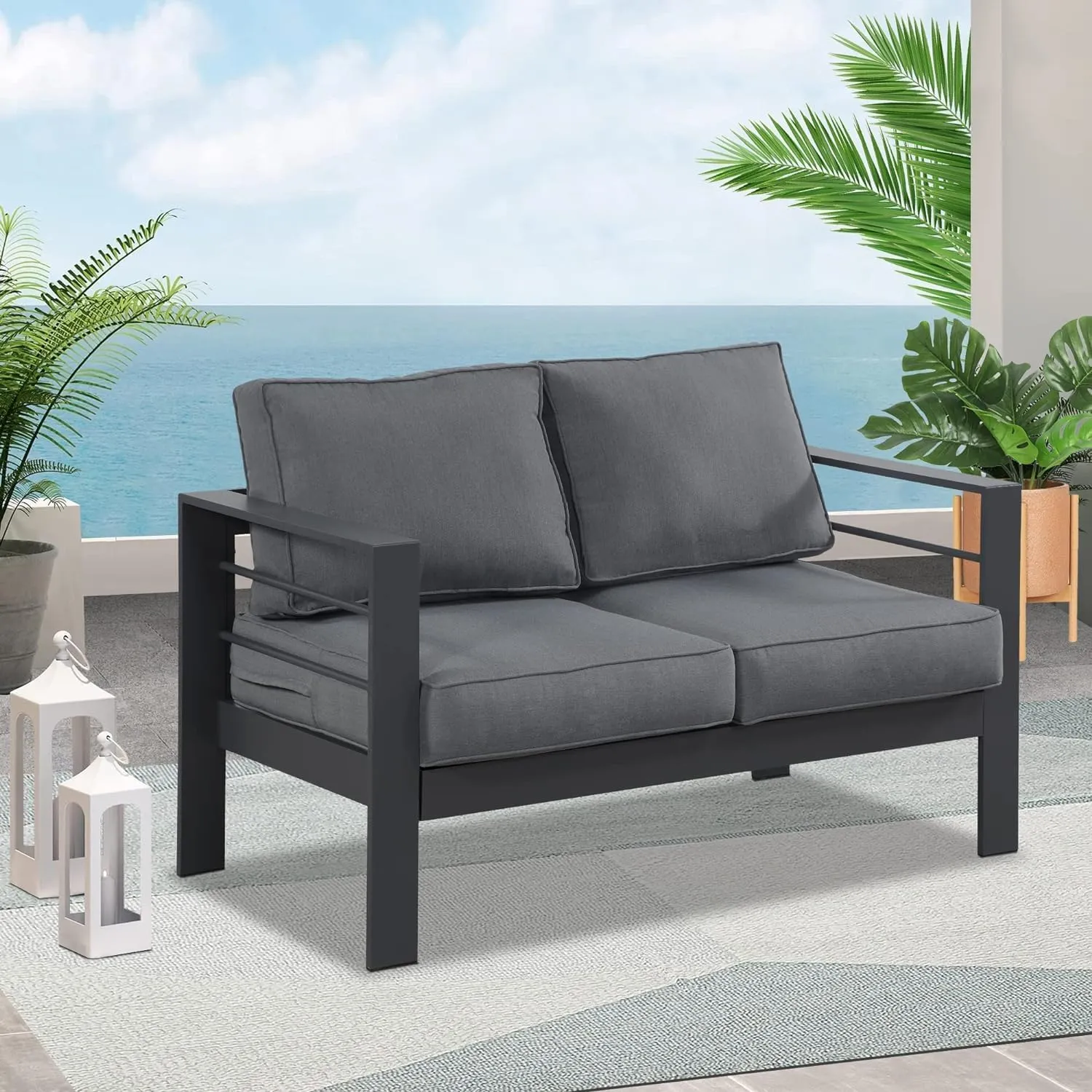 Wisteria Lane Patio Furniture Aluminum Loveseat, All-Weather Outdoor 2 Seats Sofa Couch, Gray Metal Chair with Dark Grey Cushions