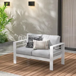 Wisteria Lane Patio Furniture Aluminum Loveseat, All-Weather Outdoor 2 Seats Sofa Couch, White Metal Chair with Light Grey Cushions