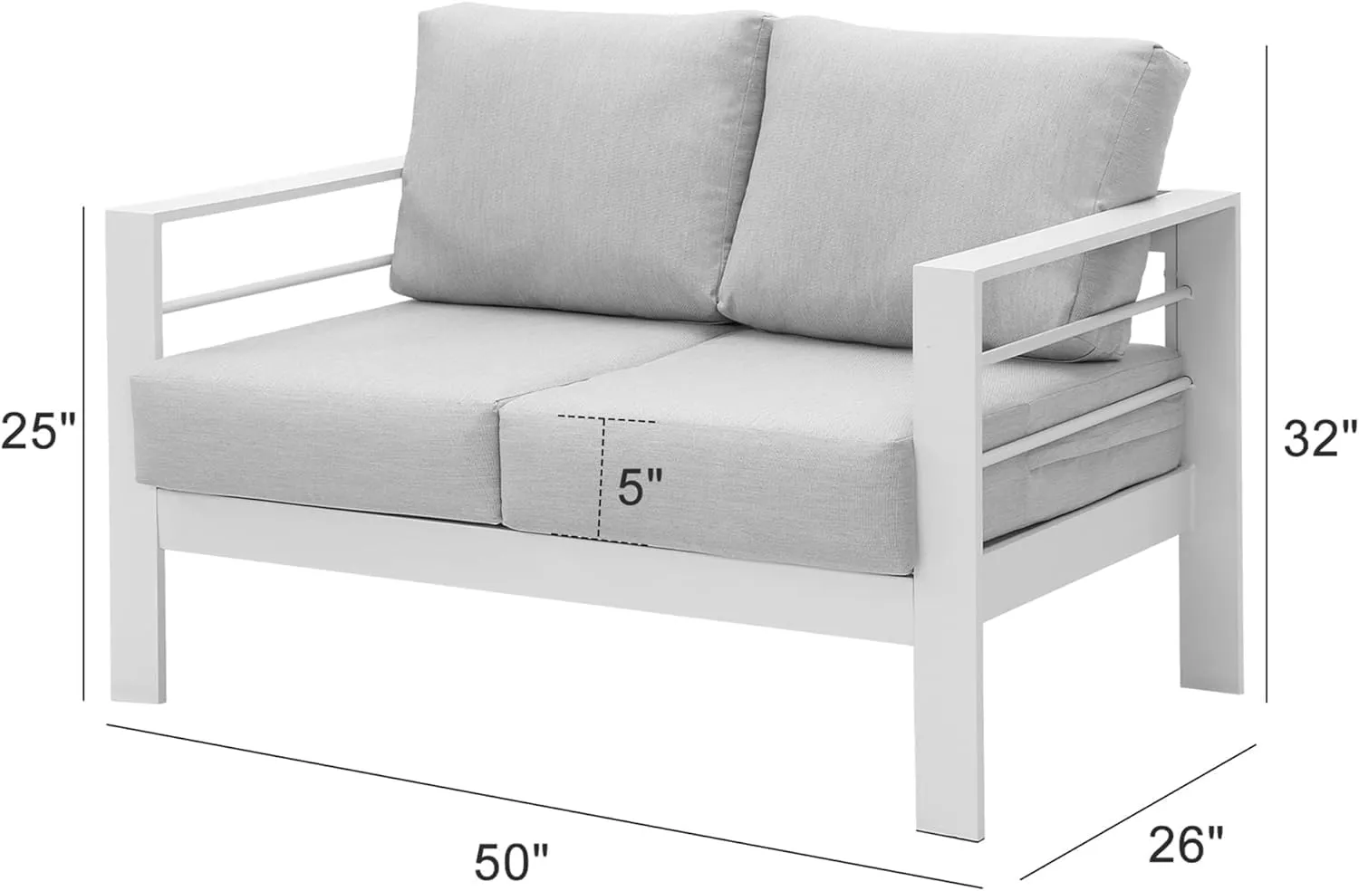 Wisteria Lane Patio Furniture Aluminum Loveseat, All-Weather Outdoor 2 Seats Sofa Couch, White Metal Chair with Light Grey Cushions