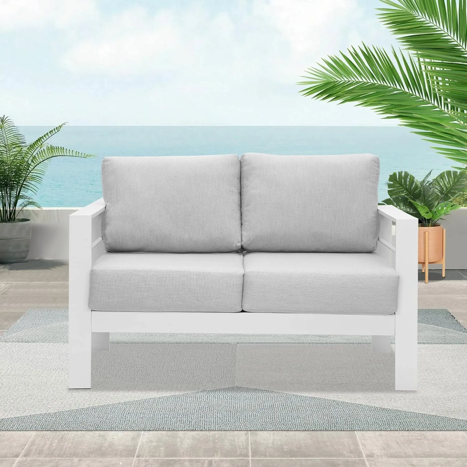 Wisteria Lane Patio Furniture Aluminum Loveseat, All-Weather Outdoor 2 Seats Sofa Couch, White Metal Chair with Light Grey Cushions
