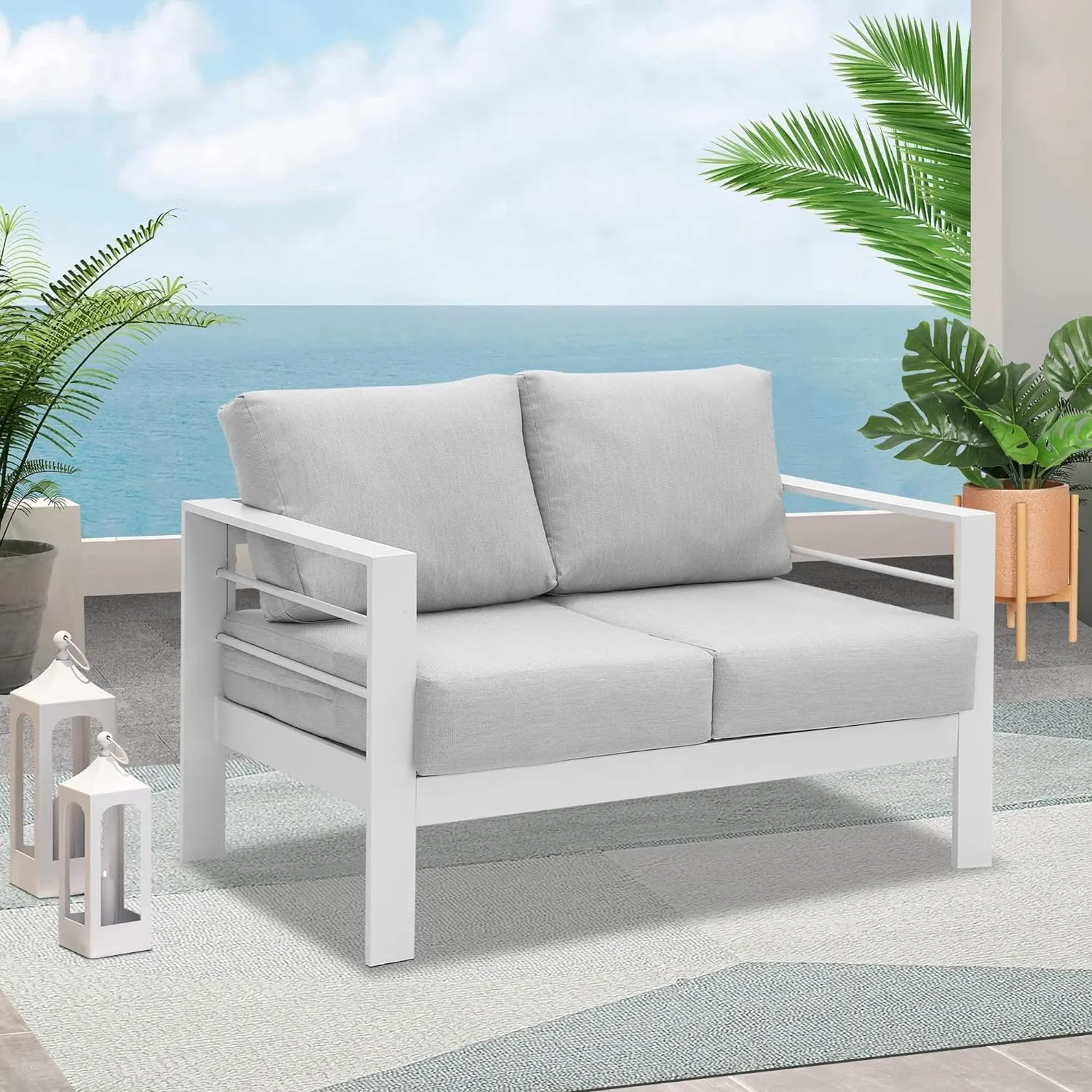 Wisteria Lane Patio Furniture Aluminum Loveseat, All-Weather Outdoor 2 Seats Sofa Couch, White Metal Chair with Light Grey Cushions