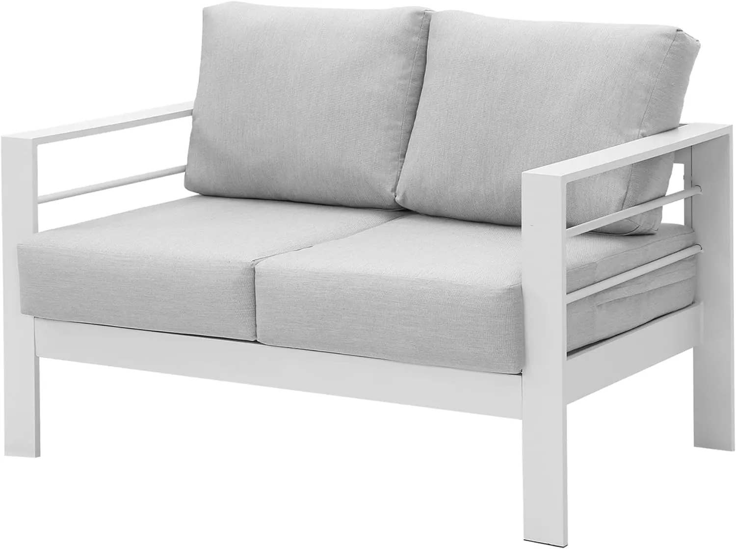 Wisteria Lane Patio Furniture Aluminum Loveseat, All-Weather Outdoor 2 Seats Sofa Couch, White Metal Chair with Light Grey Cushions