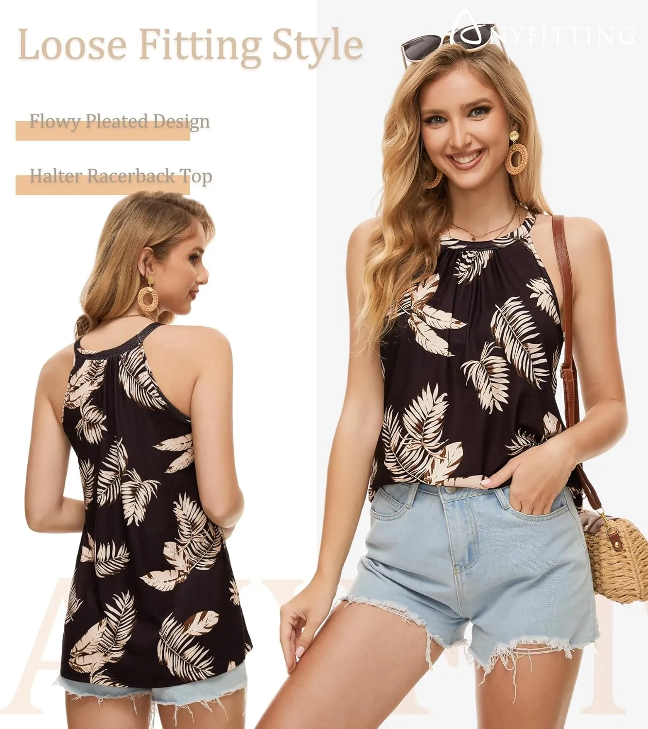 Women Halter Tank Top with Built in Bra Flowy Sleevless Padded Camisole Loose Fit Summer Shirt Top S-3XL