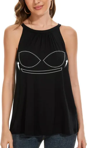 Women Halter Tank Top with Built in Bra Flowy Sleevless Padded Camisole Loose Fit Summer Shirt Top S-3XL