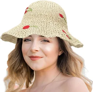 Women Straw Sun Hat Foldable Beach Hat Wide Brim Floppy Bucket Hat (Beige-Cherry)