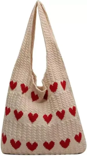 Women Tote Bag Shoulder Bag Knitted Hand Bag Heart Pattern Top-Handle Bag Underarm Clutch for Daily Use or Work