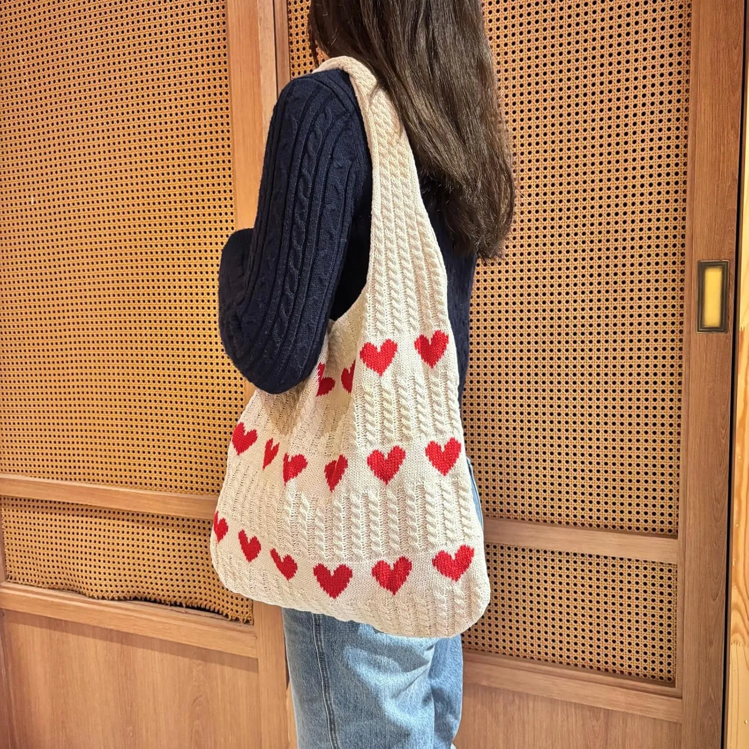 Women Tote Bag Shoulder Bag Knitted Hand Bag Heart Pattern Top-Handle Bag Underarm Clutch for Daily Use or Work