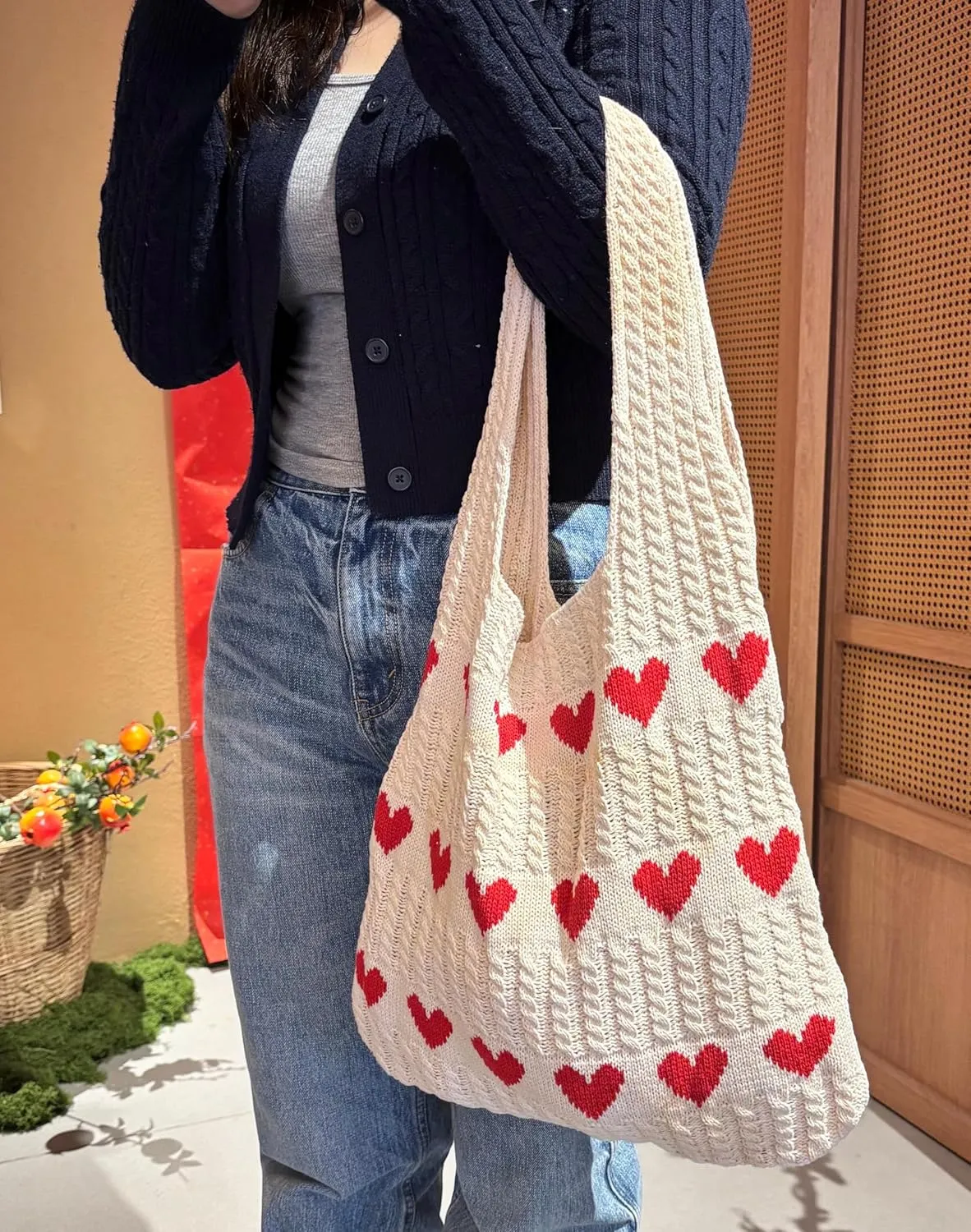 Women Tote Bag Shoulder Bag Knitted Hand Bag Heart Pattern Top-Handle Bag Underarm Clutch for Daily Use or Work