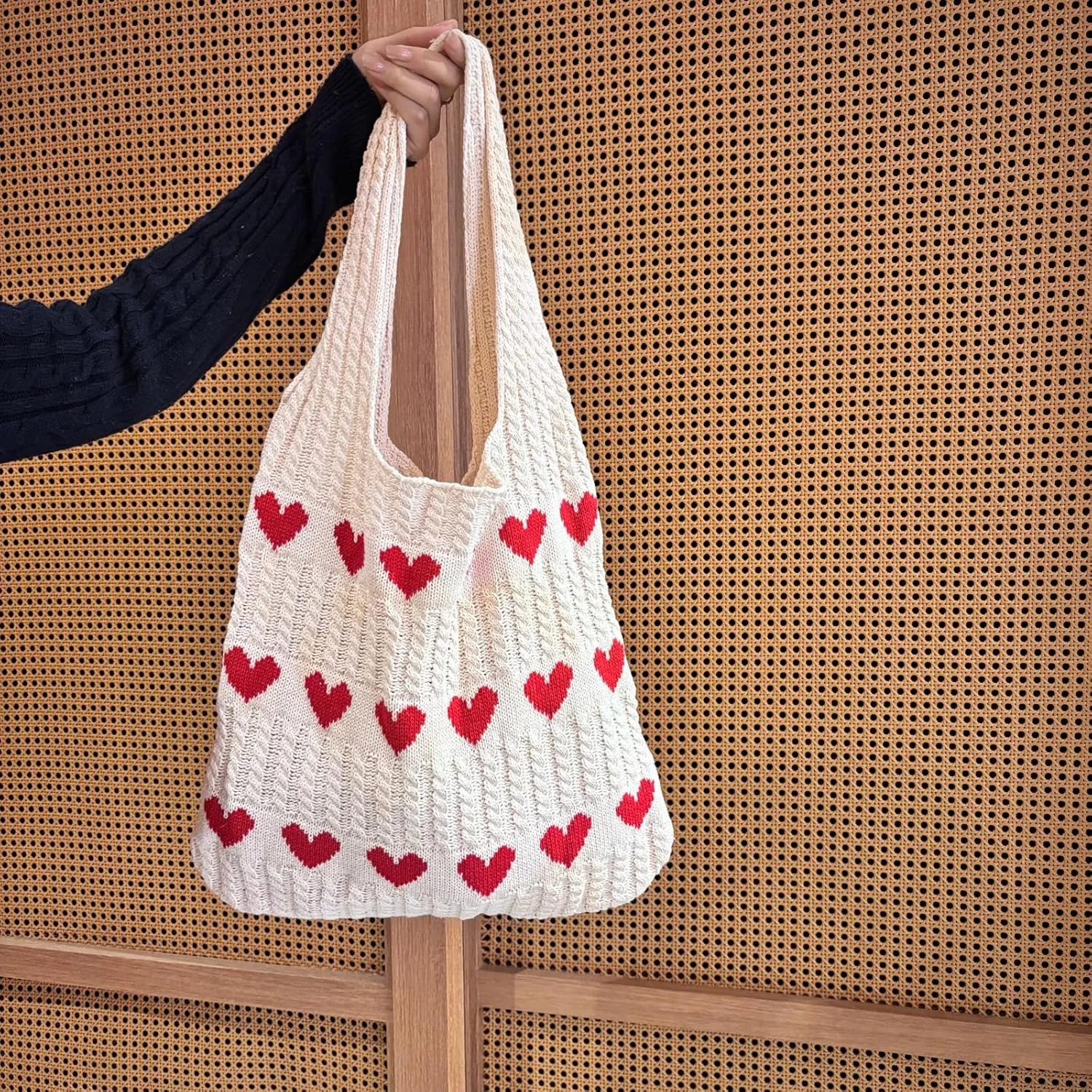 Women Tote Bag Shoulder Bag Knitted Hand Bag Heart Pattern Top-Handle Bag Underarm Clutch for Daily Use or Work