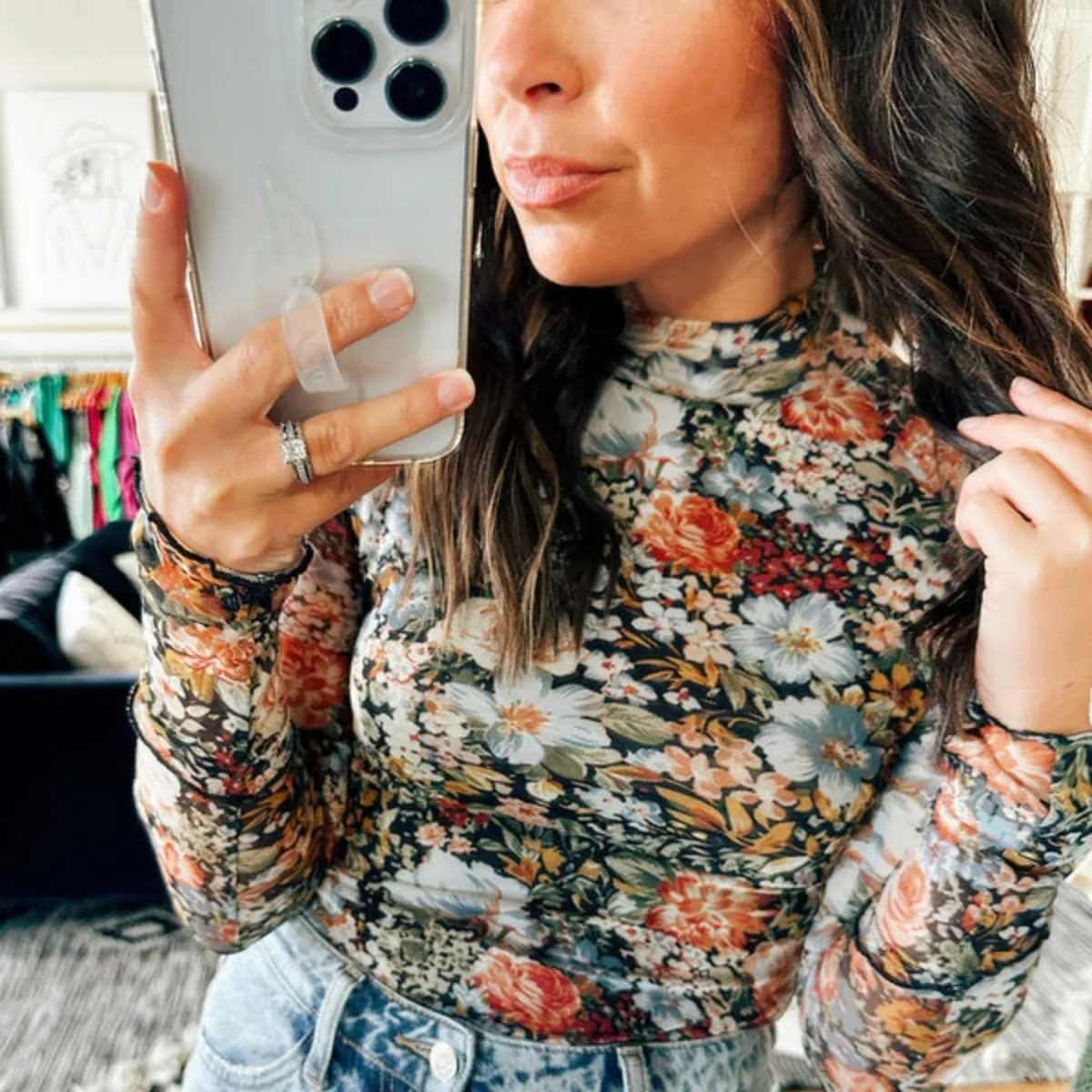 Womens Lace Top Long Sleeve Mesh Tops for Women Mock Neck Floral Sheer See Through Shirts for Party Club Casual S-XL