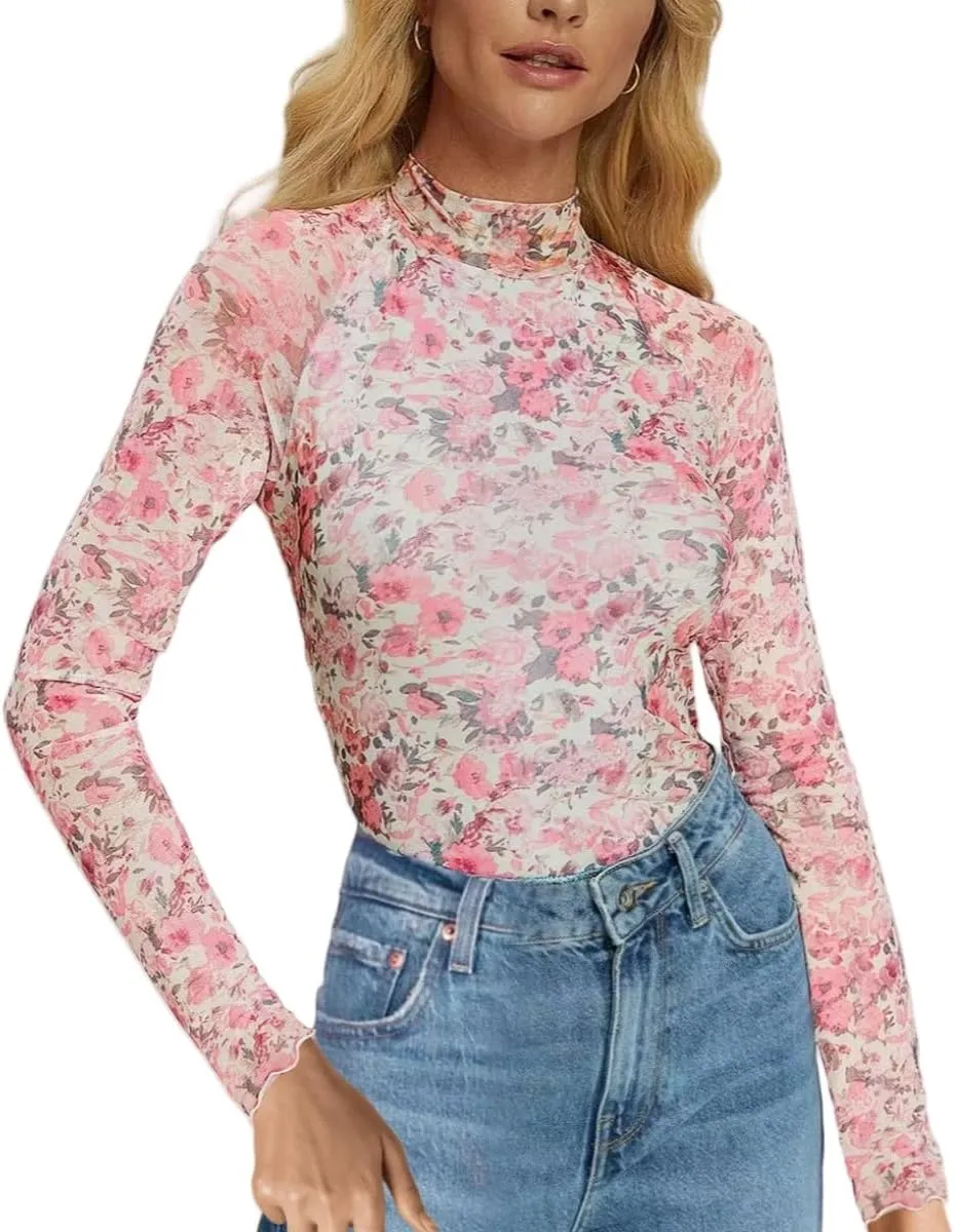 Womens Lace Top Long Sleeve Mesh Tops for Women Mock Neck Floral Sheer See Through Shirts for Party Club Casual S-XL