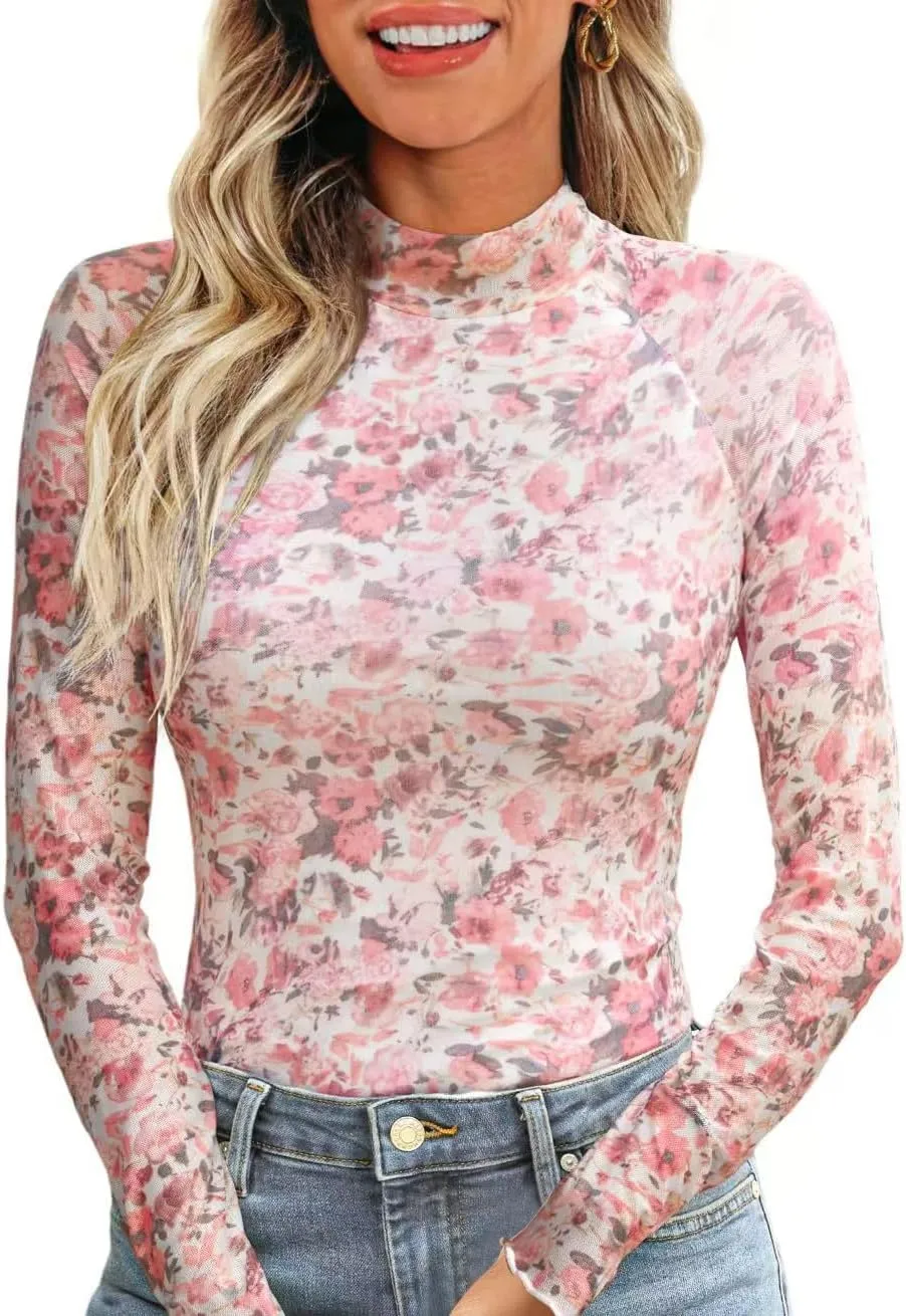 Womens Lace Top Long Sleeve Mesh Tops for Women Mock Neck Floral Sheer See Through Shirts for Party Club Casual S-XL