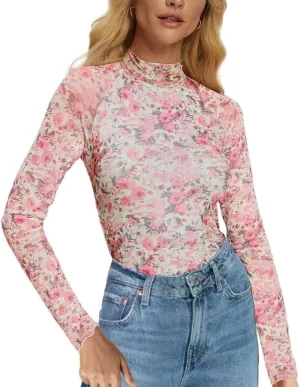 Womens Lace Top Long Sleeve Mesh Tops for Women Mock Neck Floral Sheer See Through Shirts for Party Club Casual S-XL