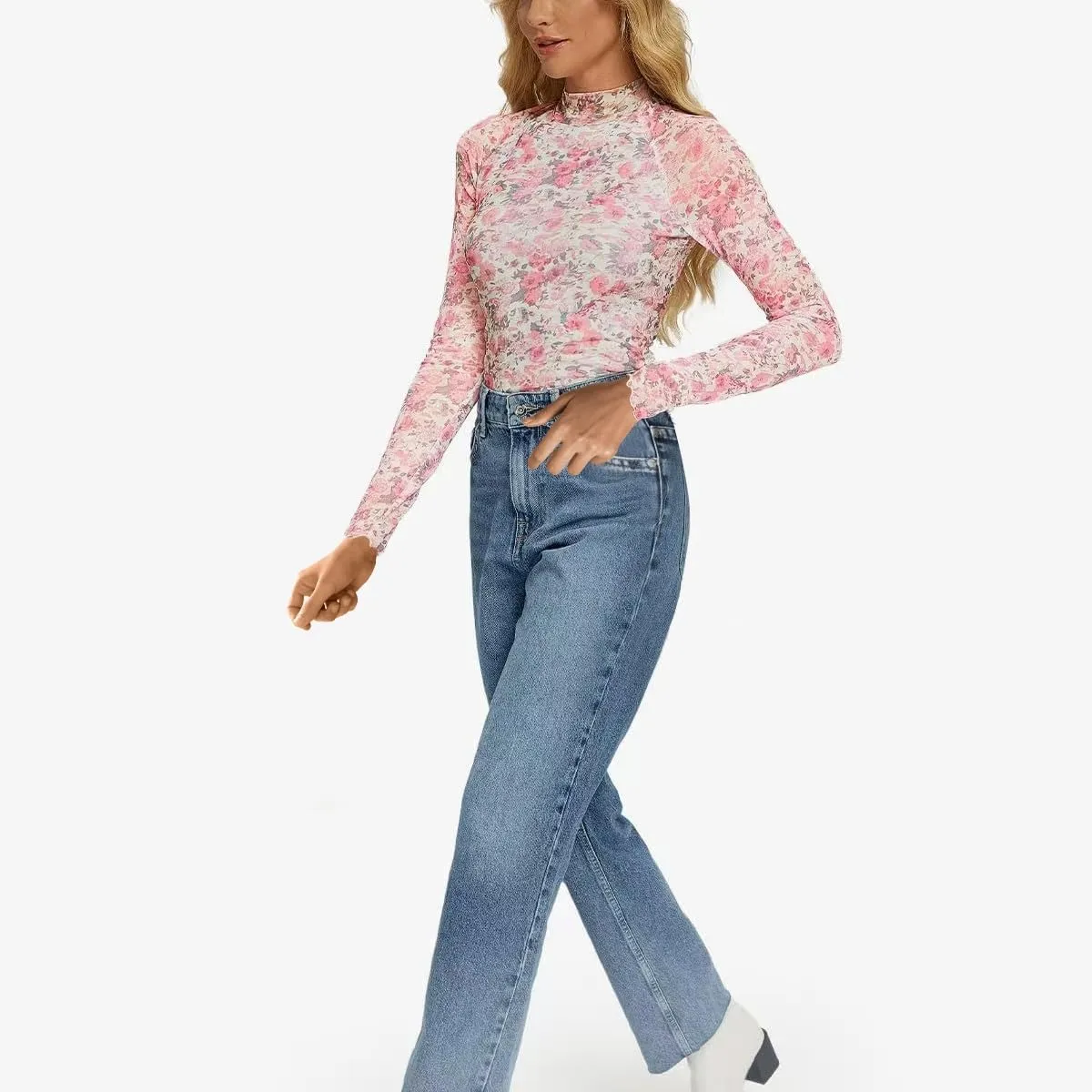 Womens Lace Top Long Sleeve Mesh Tops for Women Mock Neck Floral Sheer See Through Shirts for Party Club Casual S-XL