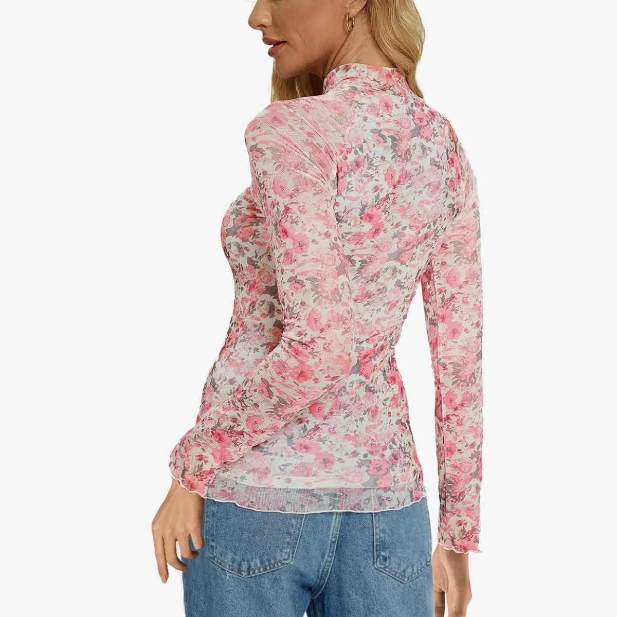 Womens Lace Top Long Sleeve Mesh Tops for Women Mock Neck Floral Sheer See Through Shirts for Party Club Casual S-XL