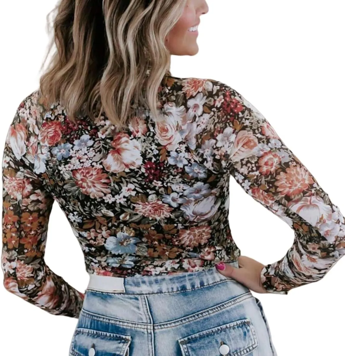 Womens Lace Top Long Sleeve Mesh Tops for Women Mock Neck Floral Sheer See Through Shirts for Party Club Casual S-XL