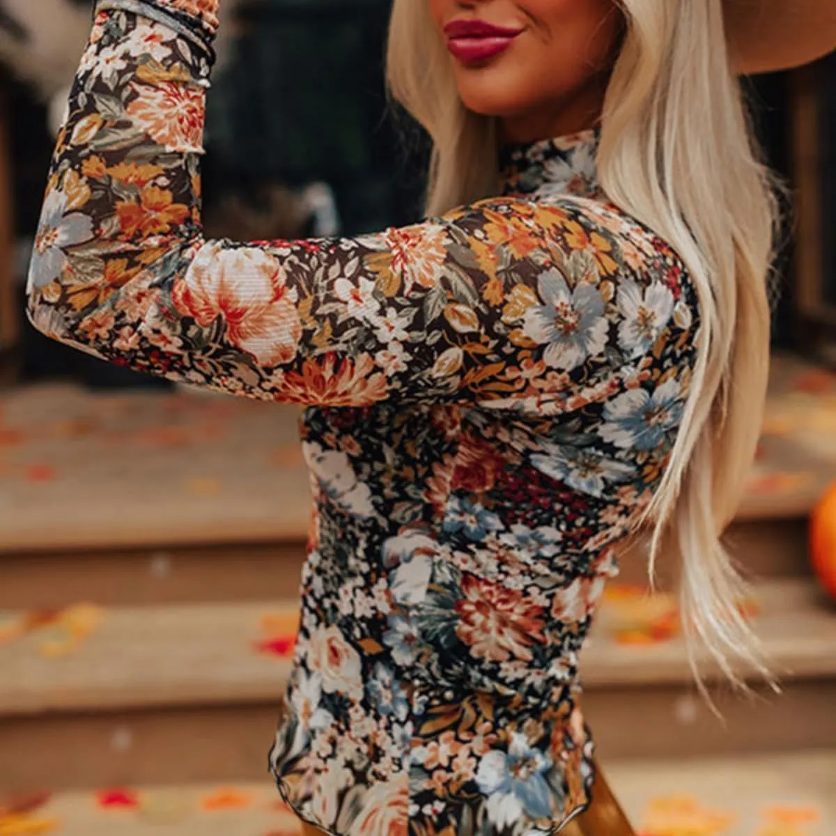 Womens Lace Top Long Sleeve Mesh Tops for Women Mock Neck Floral Sheer See Through Shirts for Party Club Casual S-XL