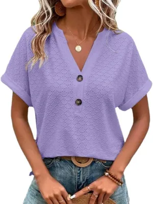 Women's V-Neck Button T-Shirt Short Sleeve Casual Top Lightweight Stretchy Commuter Casual Top