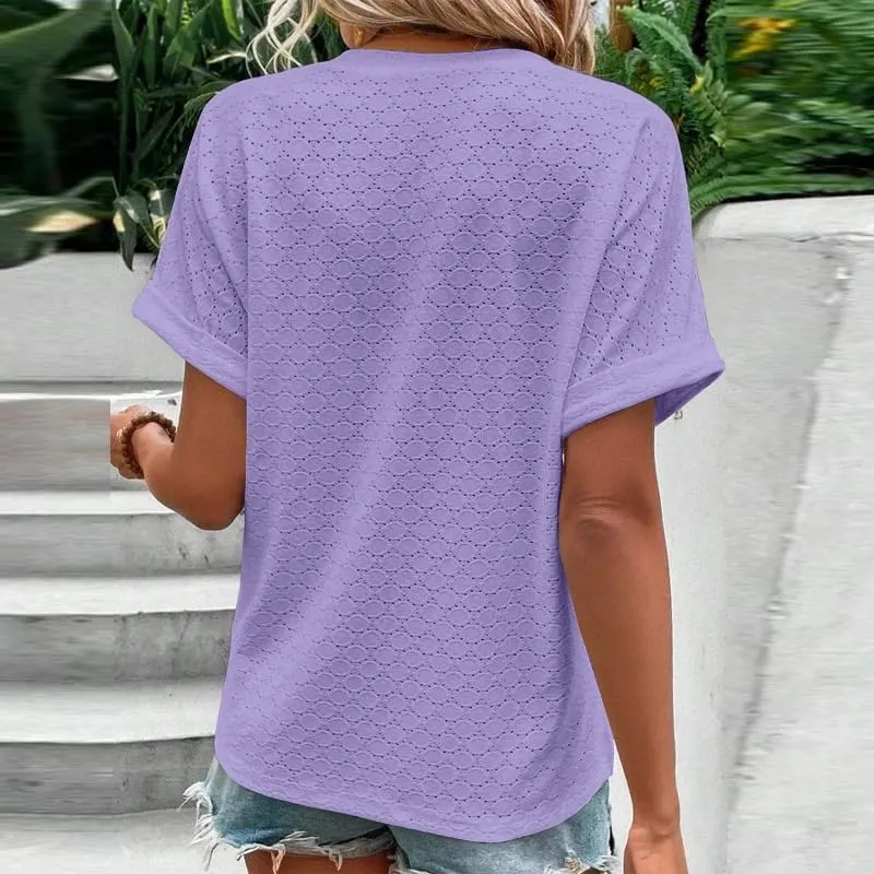 Women's V-Neck Button T-Shirt Short Sleeve Casual Top Lightweight Stretchy Commuter Casual Top