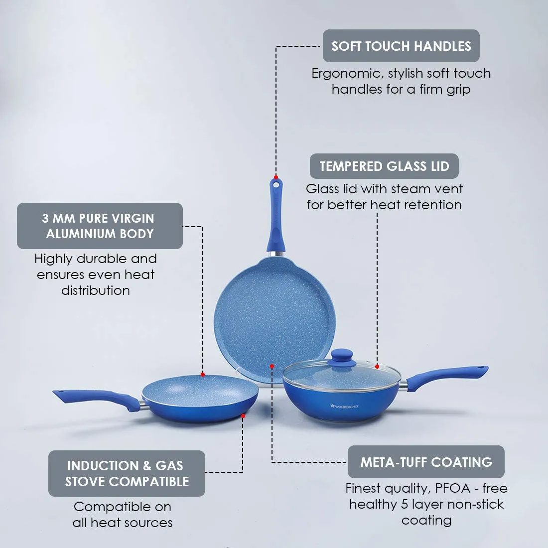 Wonderchef Royal Velvet Plus Induction Base Aluminium Nonstick Cookware 4-Piece Set | Frying Pan, Wok, Dosa, Tawa | Blue
