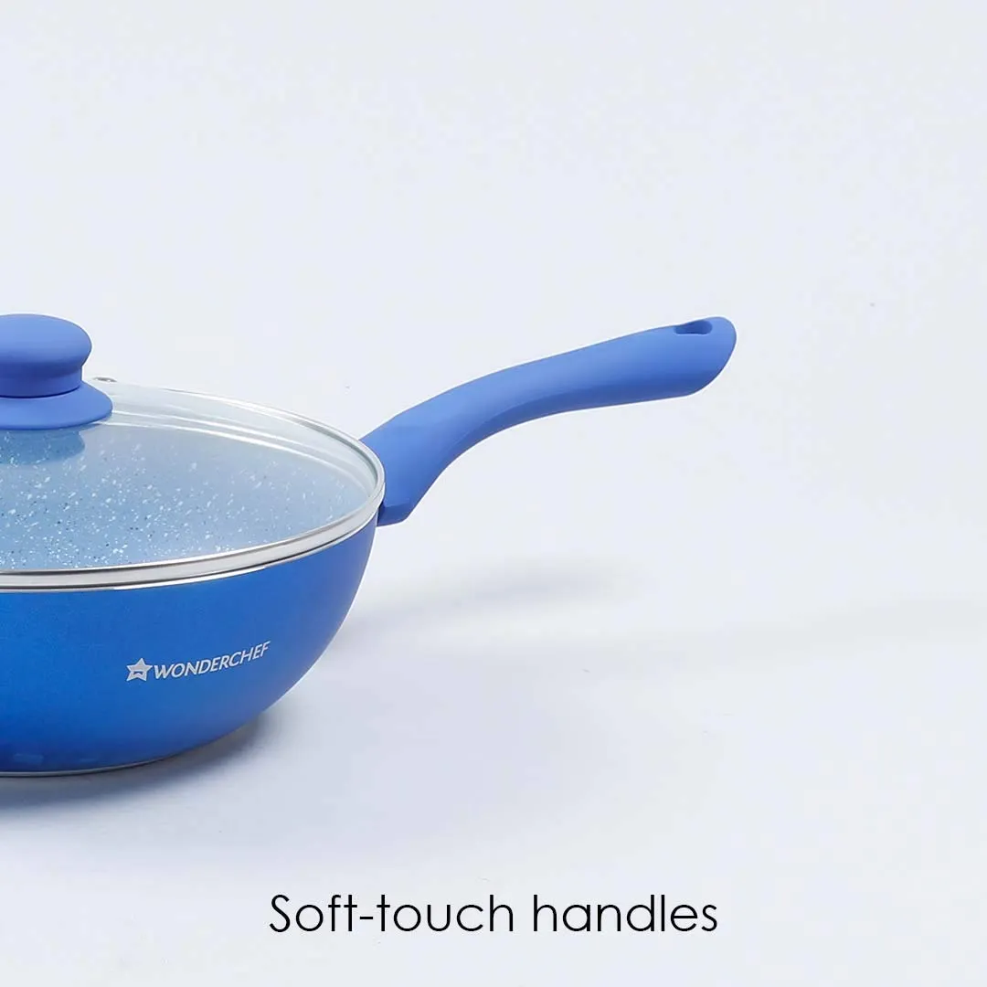 Wonderchef Royal Velvet Plus Induction Base Aluminium Nonstick Cookware 4-Piece Set | Frying Pan, Wok, Dosa, Tawa | Blue