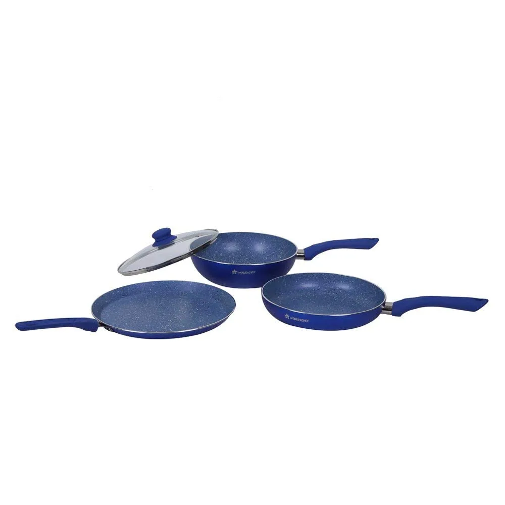 Wonderchef Royal Velvet Plus Induction Base Aluminium Nonstick Cookware 4-Piece Set | Frying Pan, Wok, Dosa, Tawa | Blue