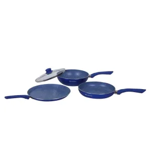 Wonderchef Royal Velvet Plus Induction Base Aluminium Nonstick Cookware 4-Piece Set | Frying Pan, Wok, Dosa, Tawa | Blue