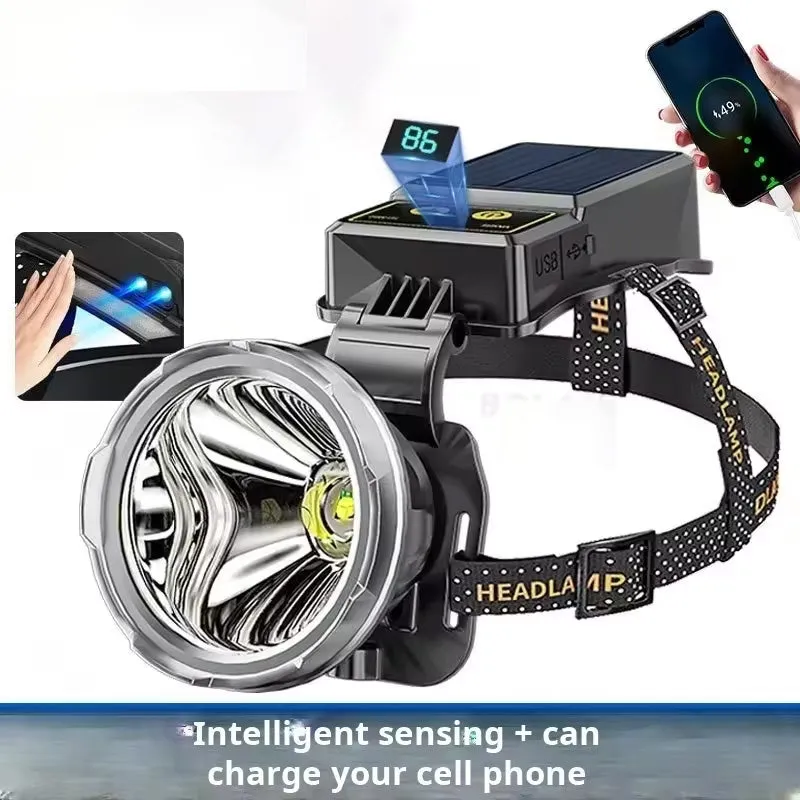 World's First 100000lm Solar P100 Sensor Headlamp Spotlights USB Solar Charging Digital Power Display High Power LED Long Shot Headlamp Cell Phone Charger