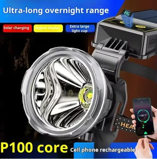 World's First 100000lm Solar P100 Sensor Headlamp Spotlights USB Solar Charging Digital Power Display High Power LED Long Shot Headlamp Cell Phone Charger