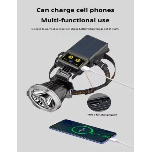 World's First 100000lm Solar P100 Sensor Headlamp Spotlights USB Solar Charging Digital Power Display High Power LED Long Shot Headlamp Cell Phone Charger