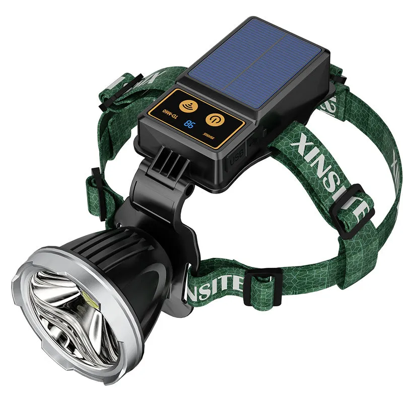 World's First 100000lm Solar P100 Sensor Headlamp Spotlights USB Solar Charging Digital Power Display High Power LED Long Shot Headlamp Cell Phone Charger
