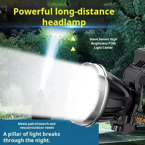 World's First 100000lm Solar P100 Sensor Headlamp Spotlights USB Solar Charging Digital Power Display High Power LED Long Shot Headlamp Cell Phone Charger