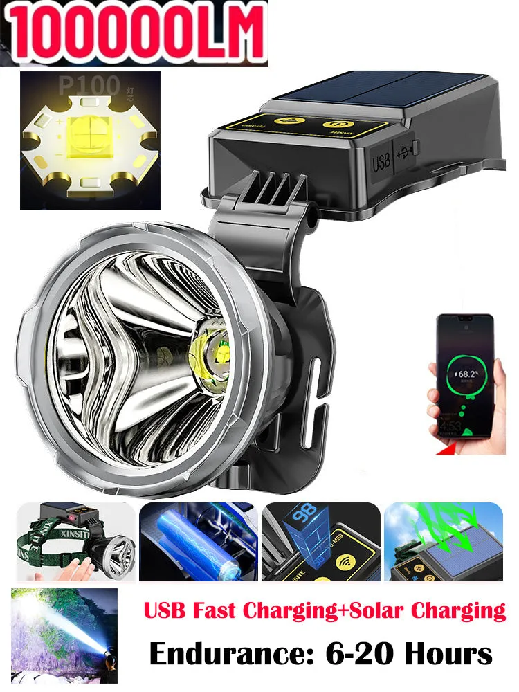 World's First 100000lm Solar P100 Sensor Headlamp Spotlights USB Solar Charging Digital Power Display High Power LED Long Shot Headlamp Cell Phone Charger