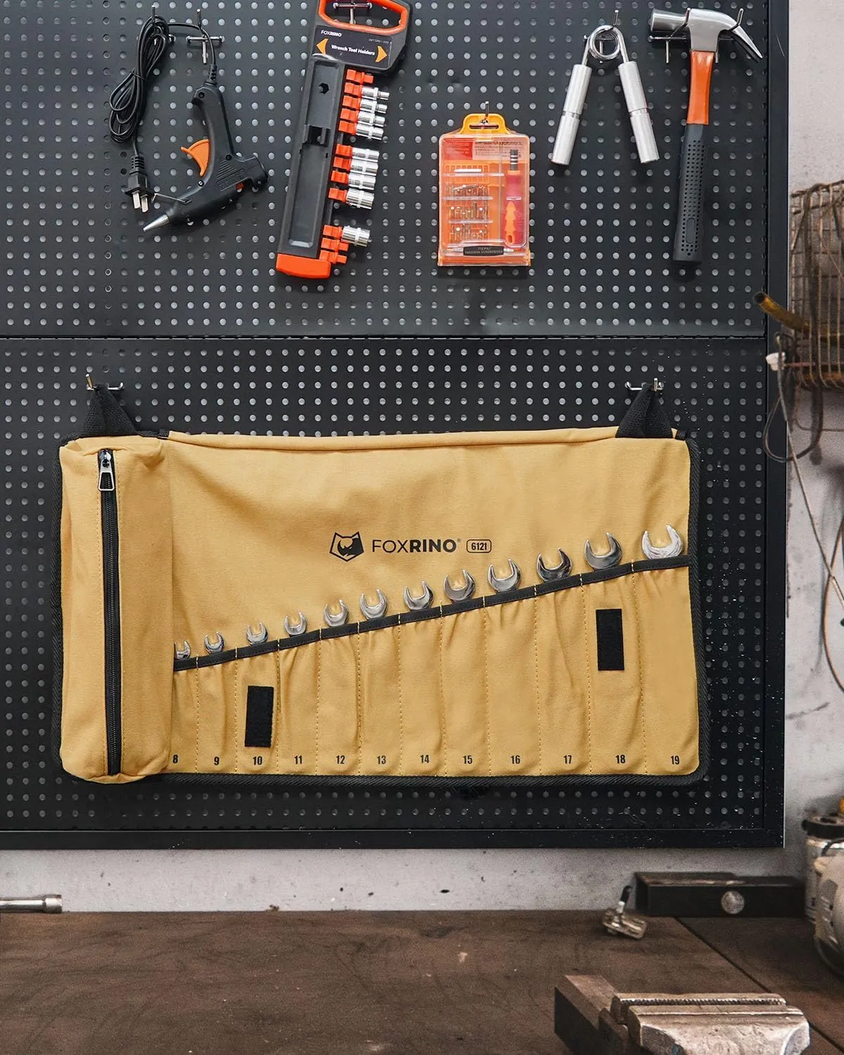 Wrench Roll, Wrench Roll Up Pouch, Gifts for Men Father Dad Mechanic, Heavy Duty Canvas Wrench Organizer Bag (Brown, 12 1 Metric)